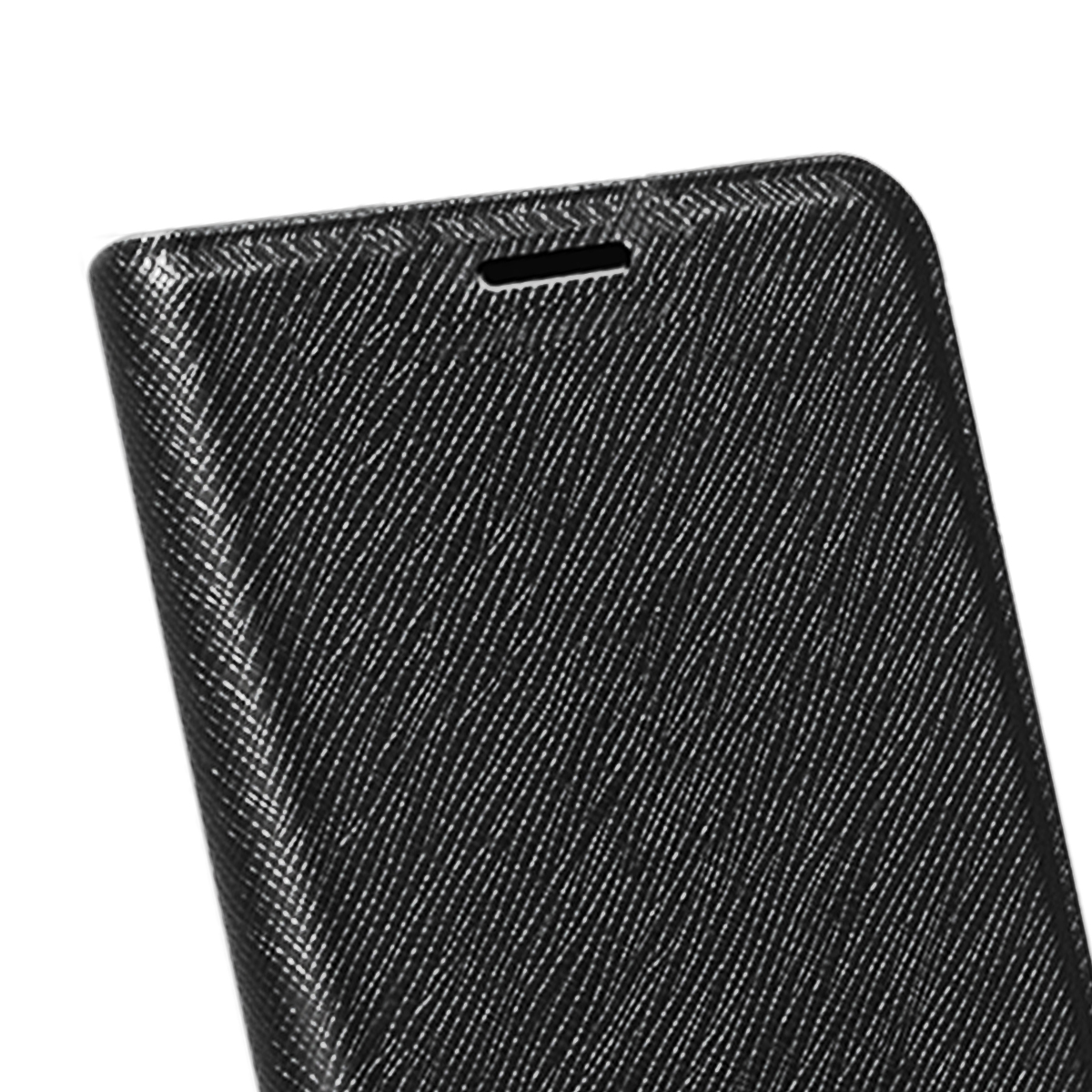 Custodia nera per telefono con texture fine e ritaglio in alto.