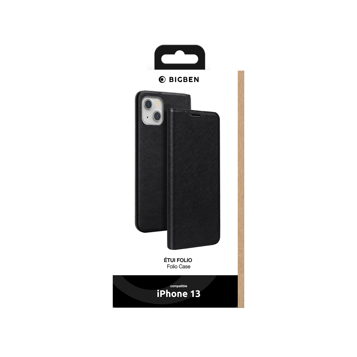 Custodia a libro nera per iPhone 13 in confezione con logo BIGBEN.