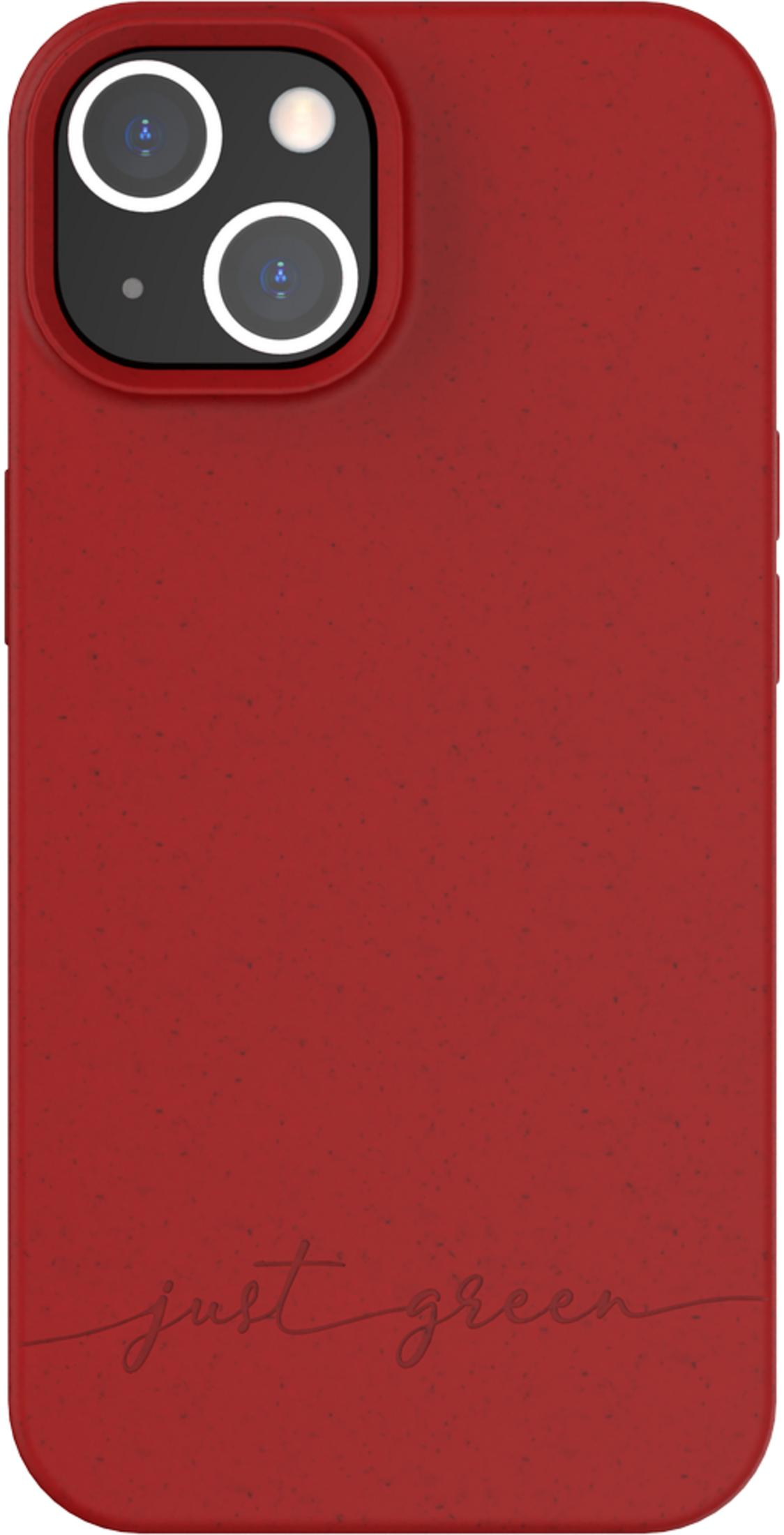 Custodia rossa per iPhone con foro fotocamera e testo inciso.