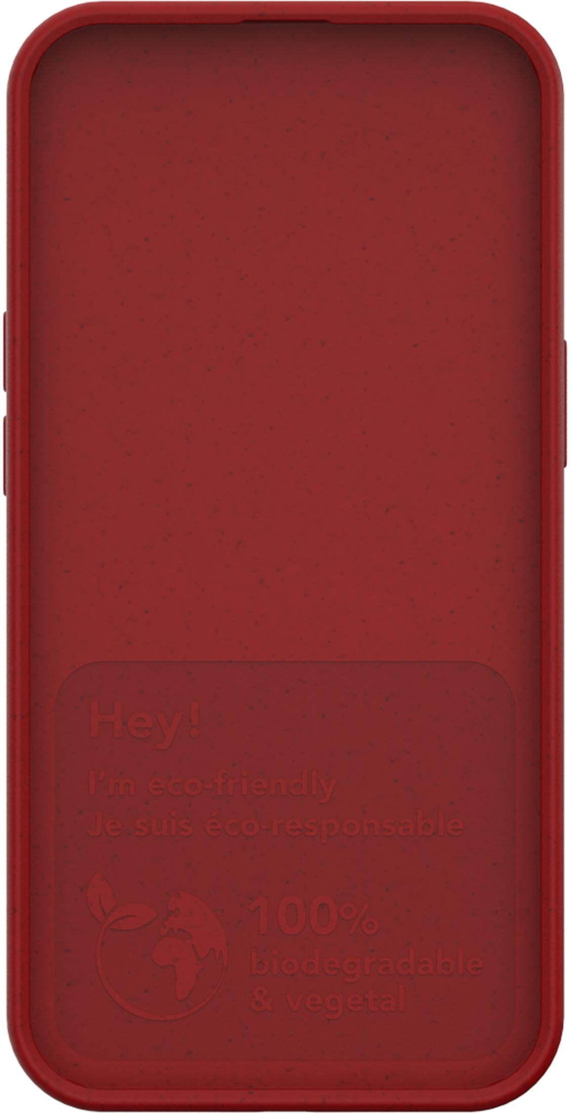 Custodia rossa per telefono con testo '100% biodegradabile e vegetale'.