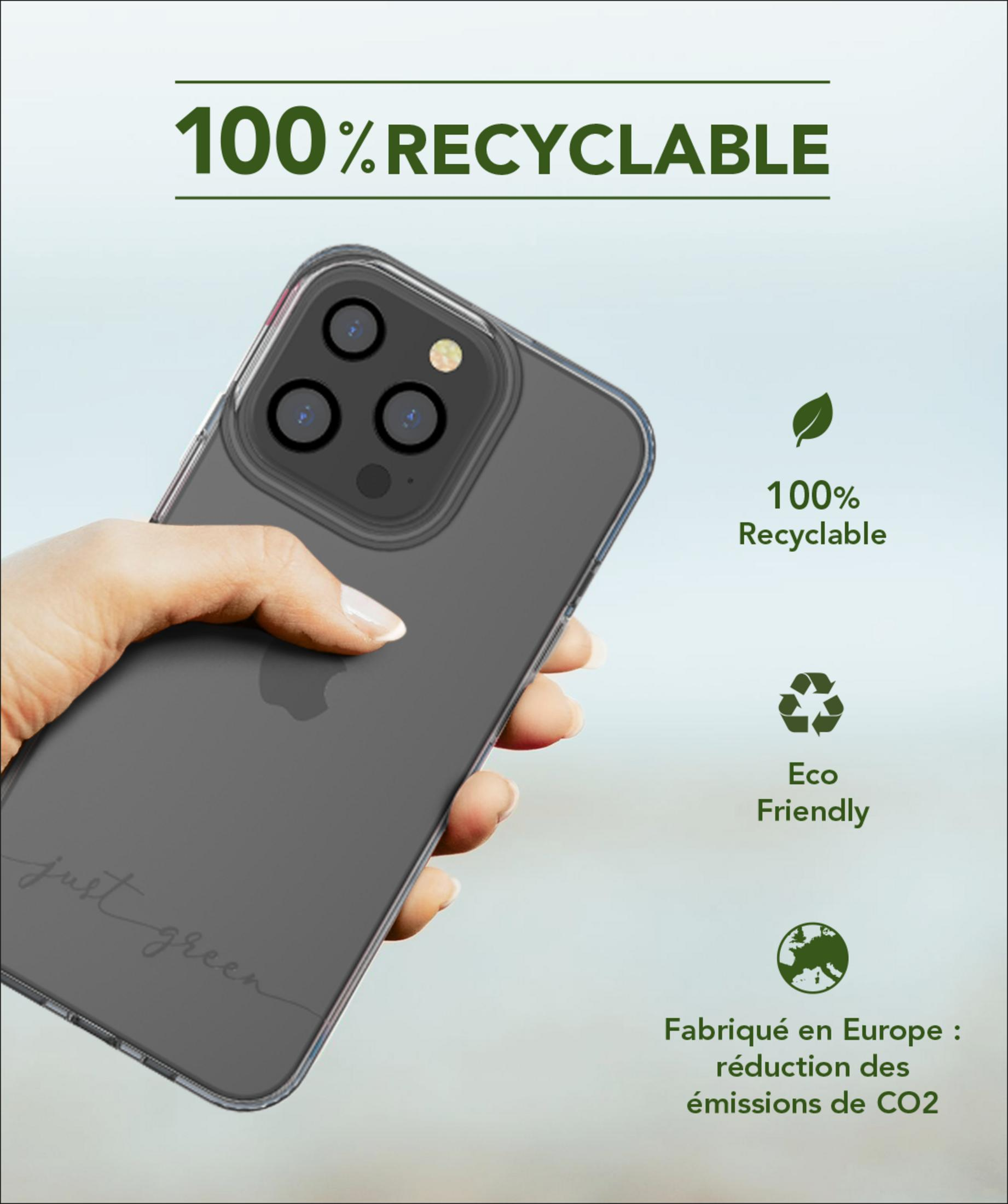 Ein Handy mit einer Hülle wird von einer Hand gehalten. "100% Recycelbar".