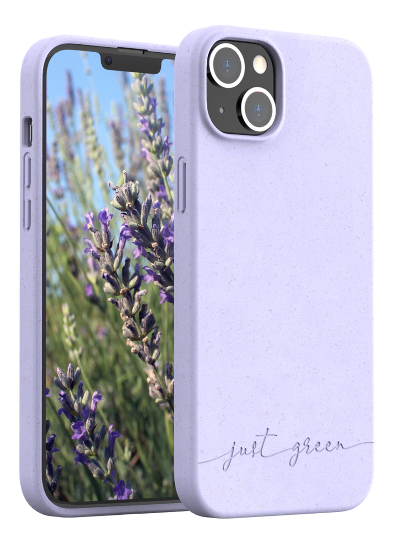 Una cover viola chiaro con schermo lavanda e testo "just green".