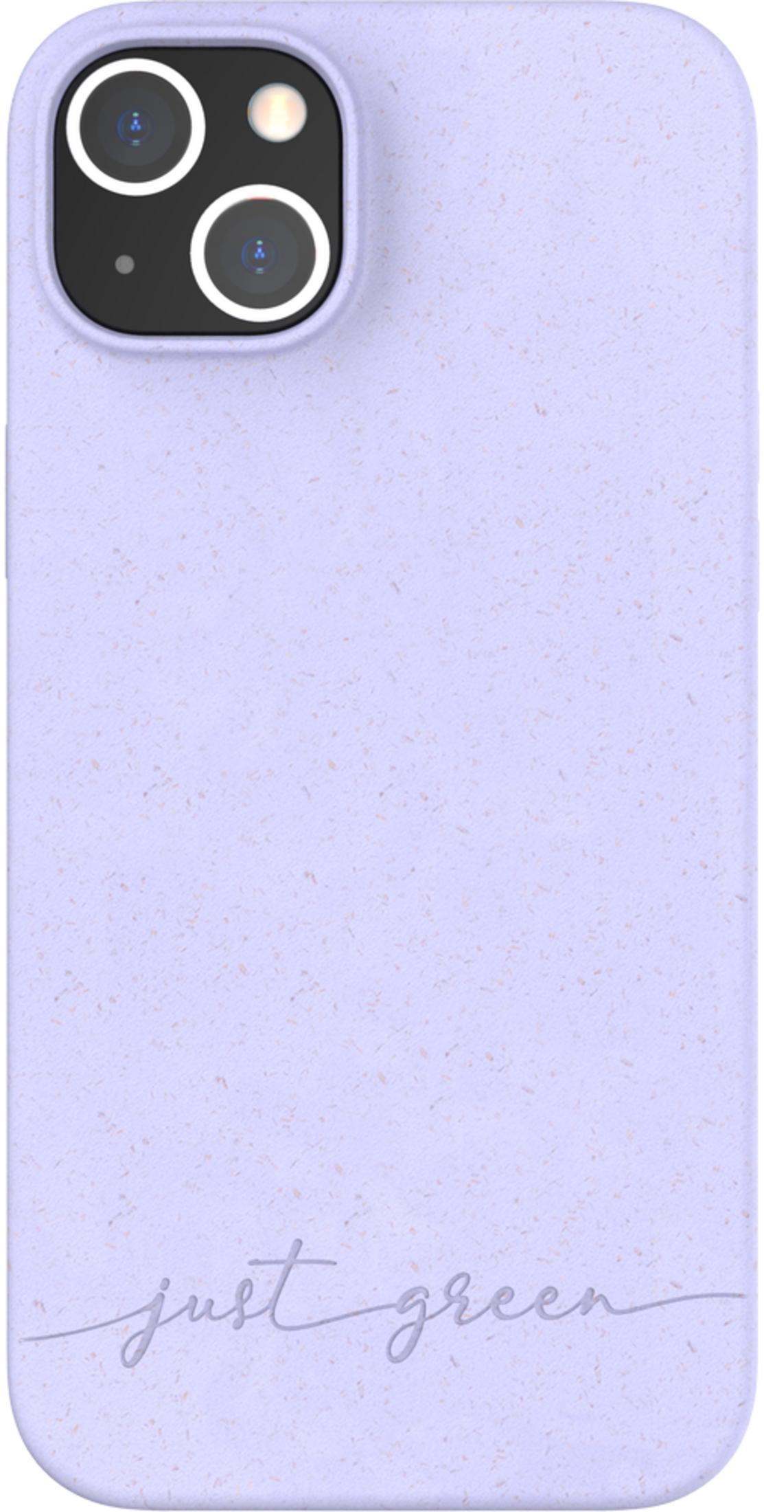 Una cover viola con doppia fotocamera e testo 'just green'.