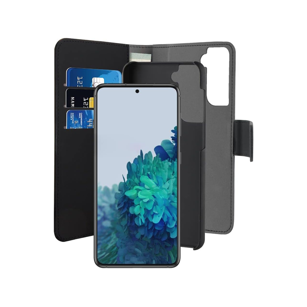 Custodia nera per telefono con slot per carte, aperta, mostra uno smartphone.