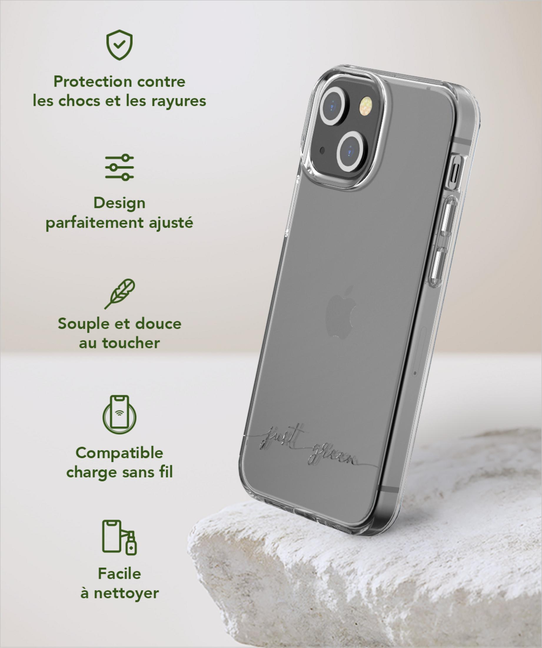 Ein klares Handy-Case liegt auf einem Stein. Merkmale werden aufgelistet.
