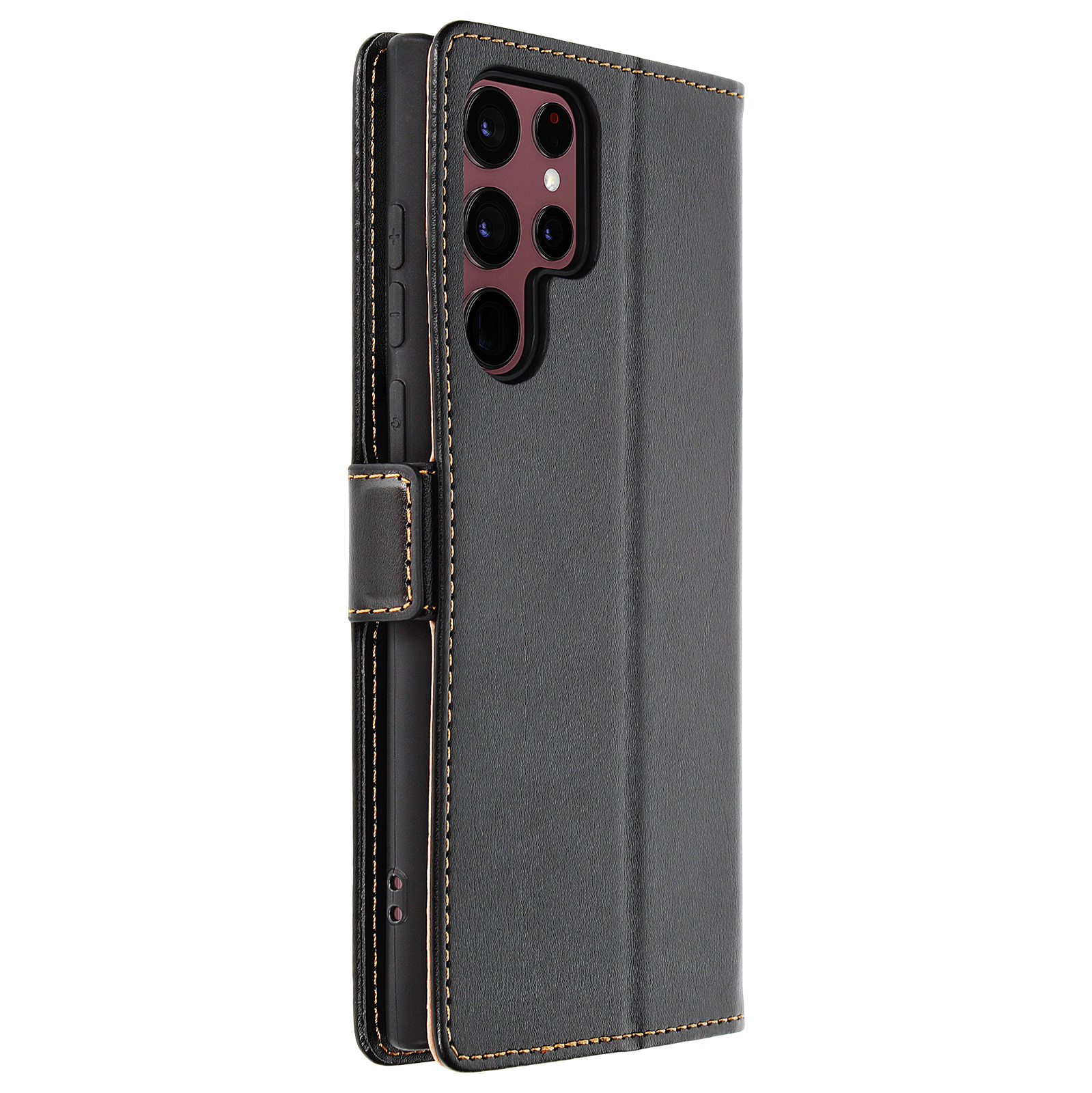 Custodia a libro in pelle nera per smartphone, con apertura fotocamera e cuciture.