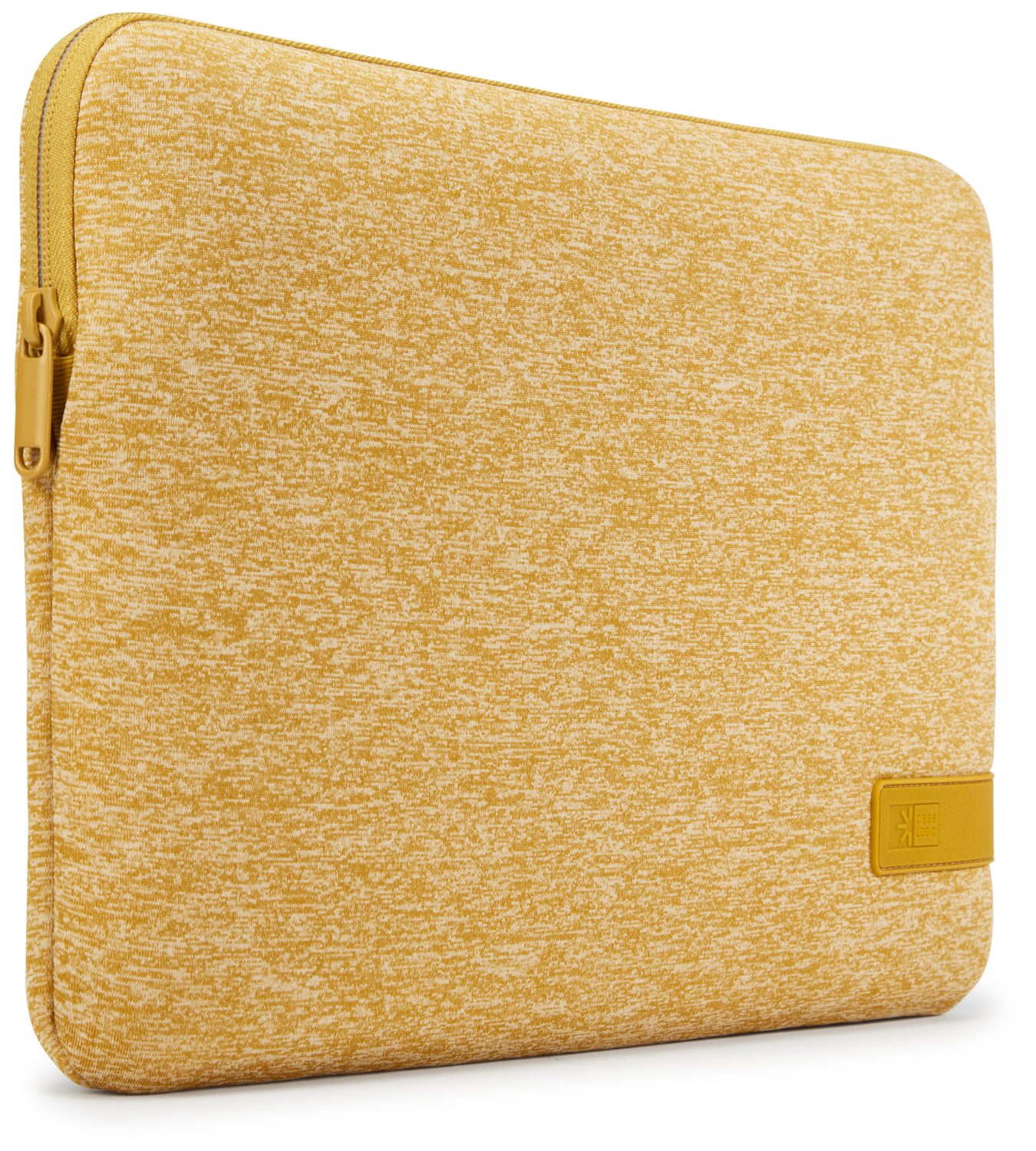 Gele laptoptas met rits en gespikkeld patroon.