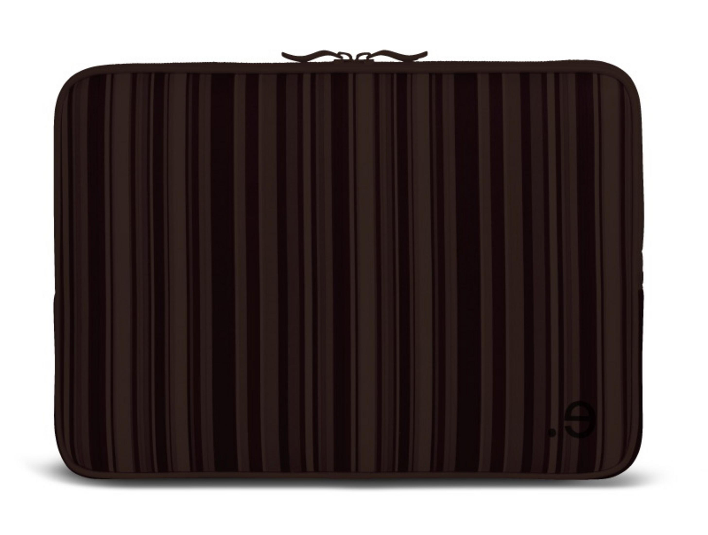 Custodia marrone per laptop con strisce verticali e cerniera.