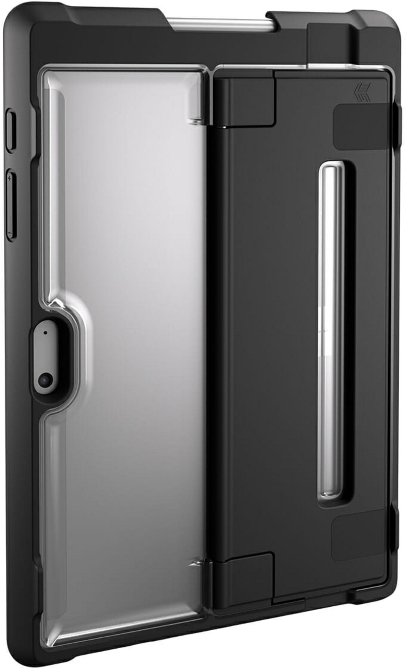 Custodia nera per tablet con copertina trasparente e portapenne.