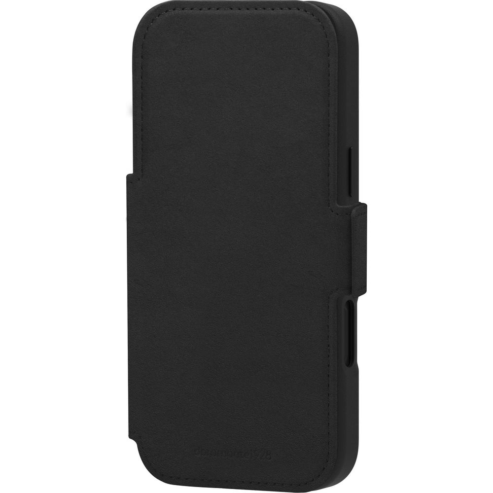 Custodia per telefono in pelle nera con clip da cintura e cuciture.