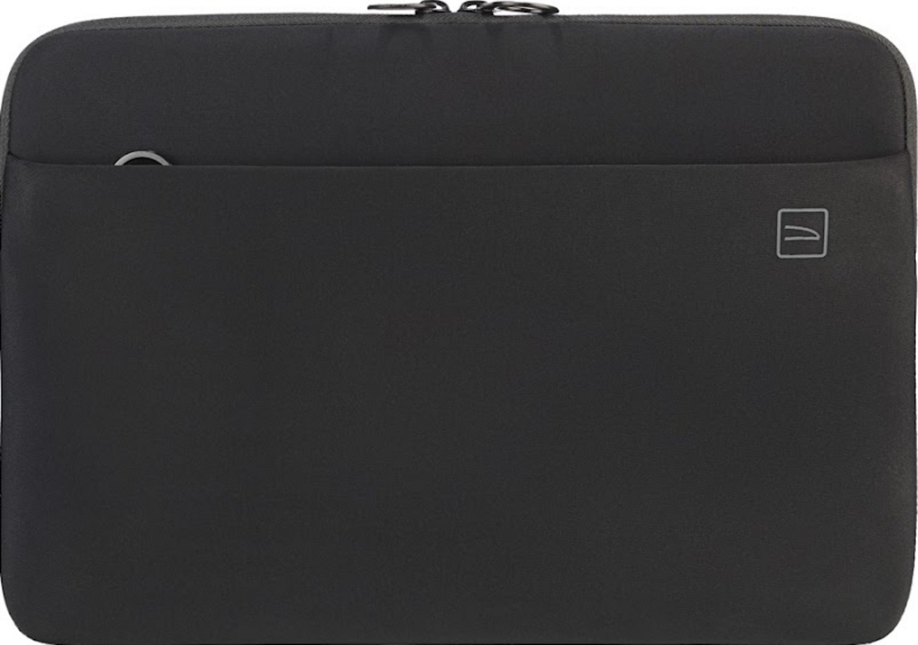 Custodia nera per laptop con cerniera e un piccolo logo.