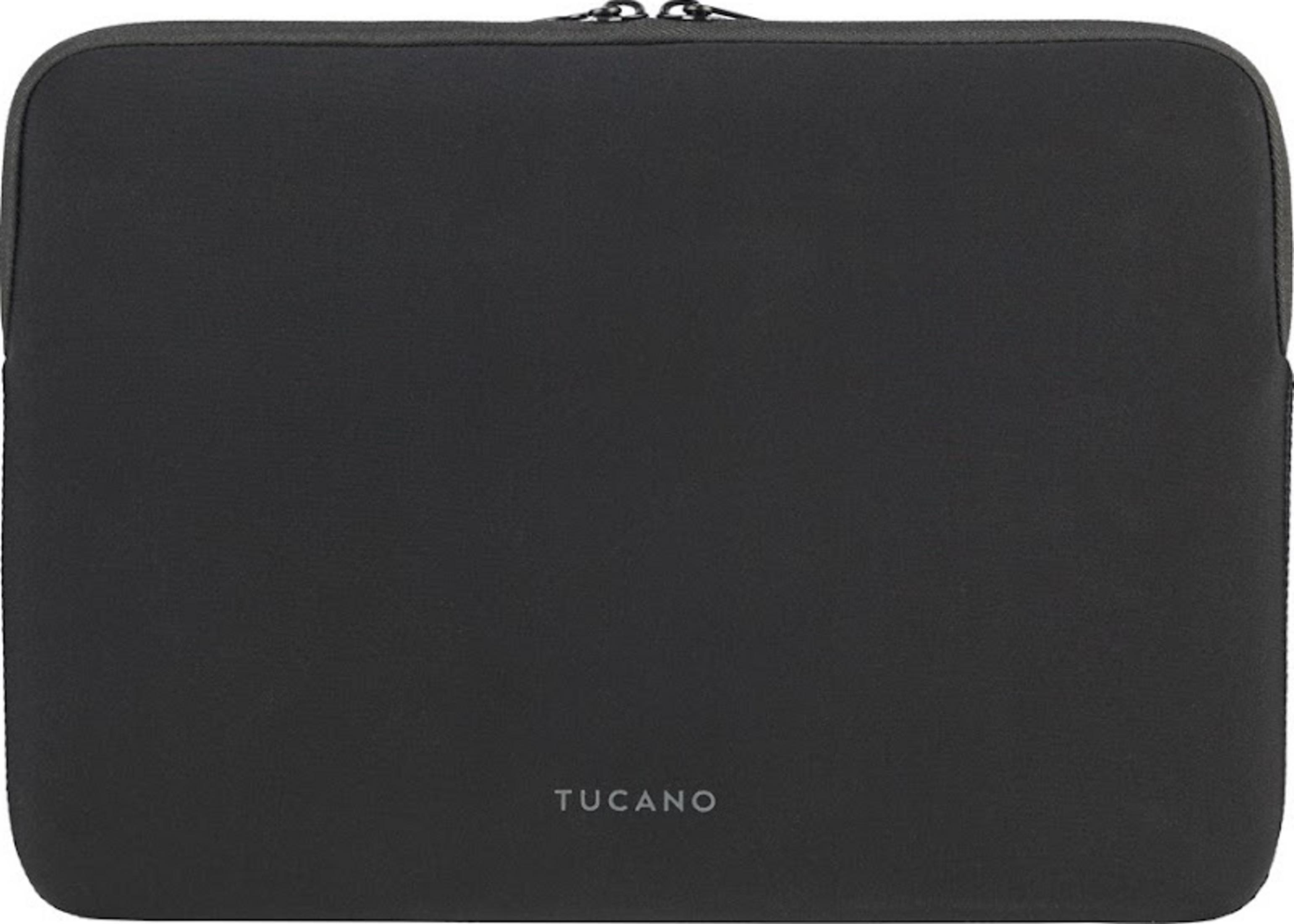 Custodia nera per laptop con chiusura a zip e logo Tucano.