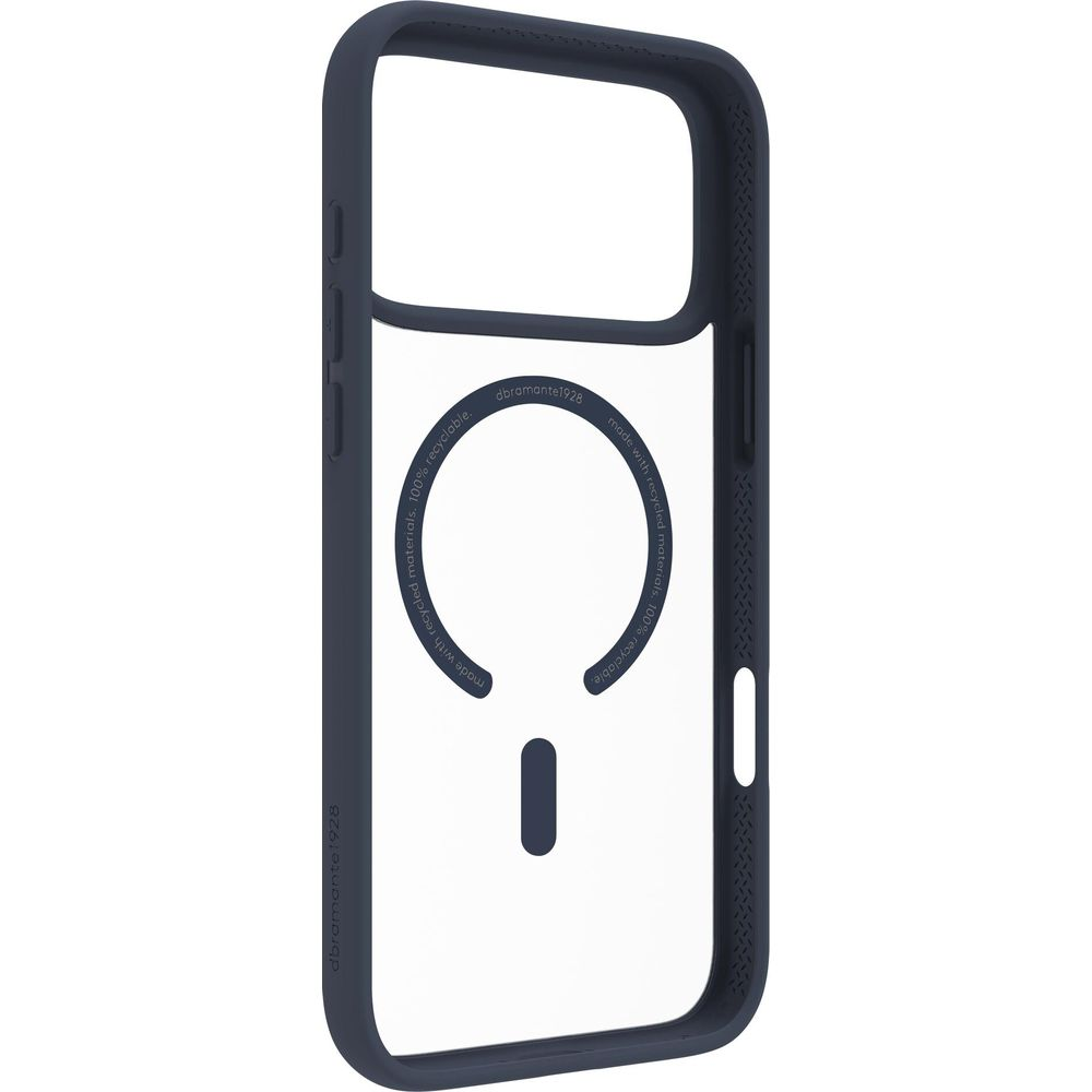 Custodia blu scuro con inserto trasparente, 100% riciclabile.