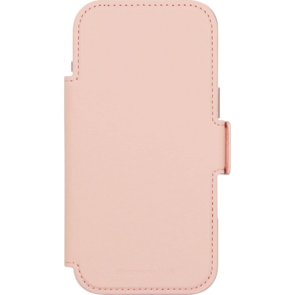 Una custodia in pelle rosa per telefono con cuciture e linguetta di chiusura.