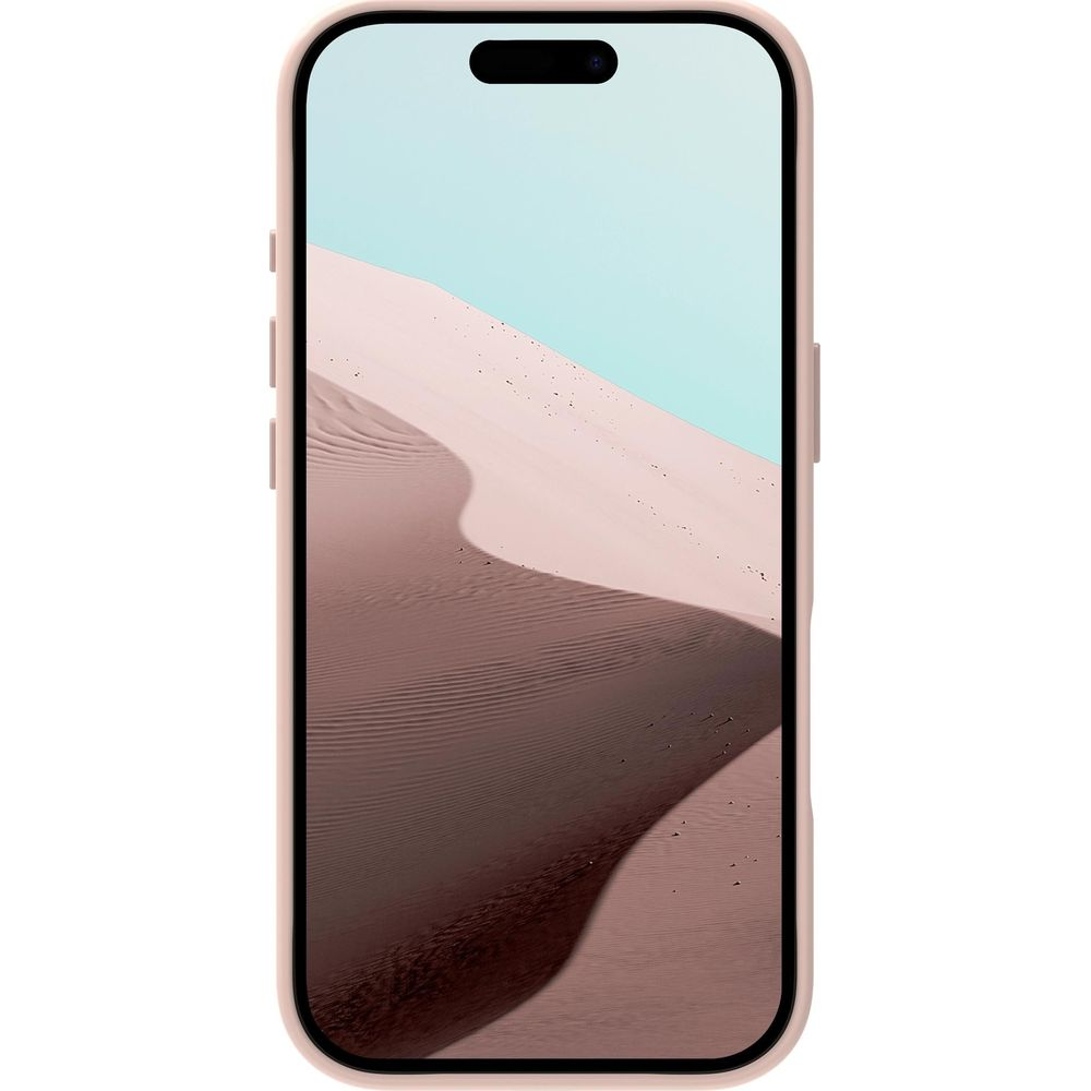 Un iPhone rosa chiaro con sfondo di dune di sabbia e cielo blu.