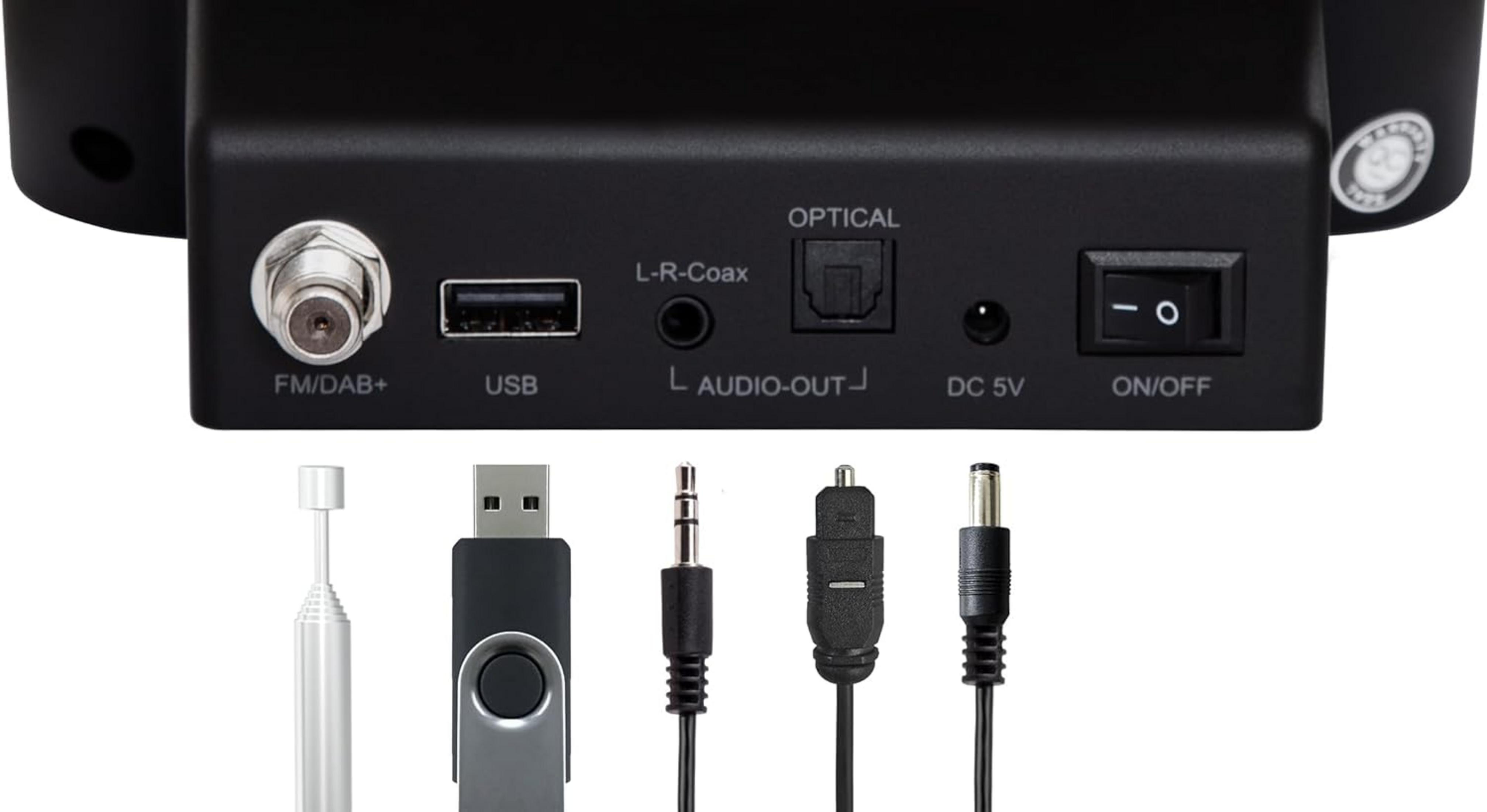 Porty urządzenia: FM/DAB+, USB, L-R-Coax, Optyczny, DC 5V, Włącznik/Wyłącznik.