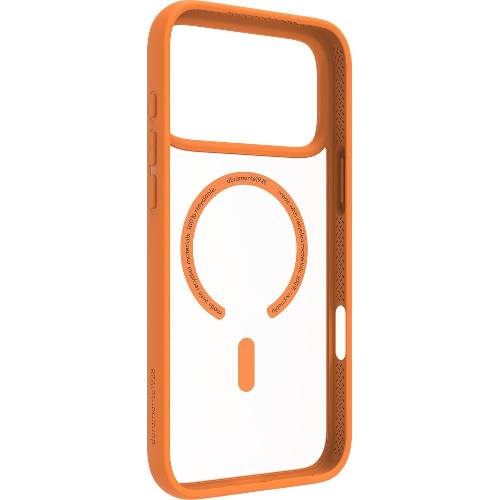 Custodia per telefono arancione con sfondo bianco e logo.