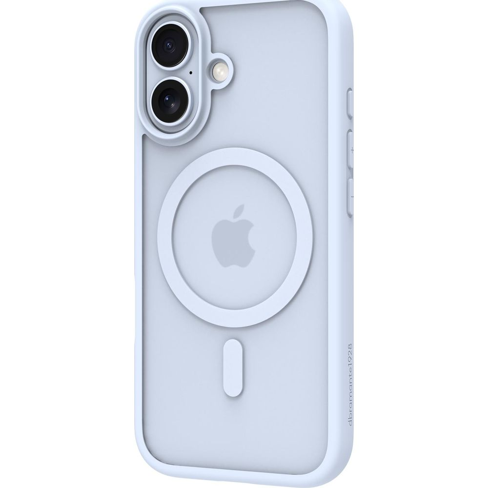 Una cover azzurra con logo Apple e cerchio MagSafe.