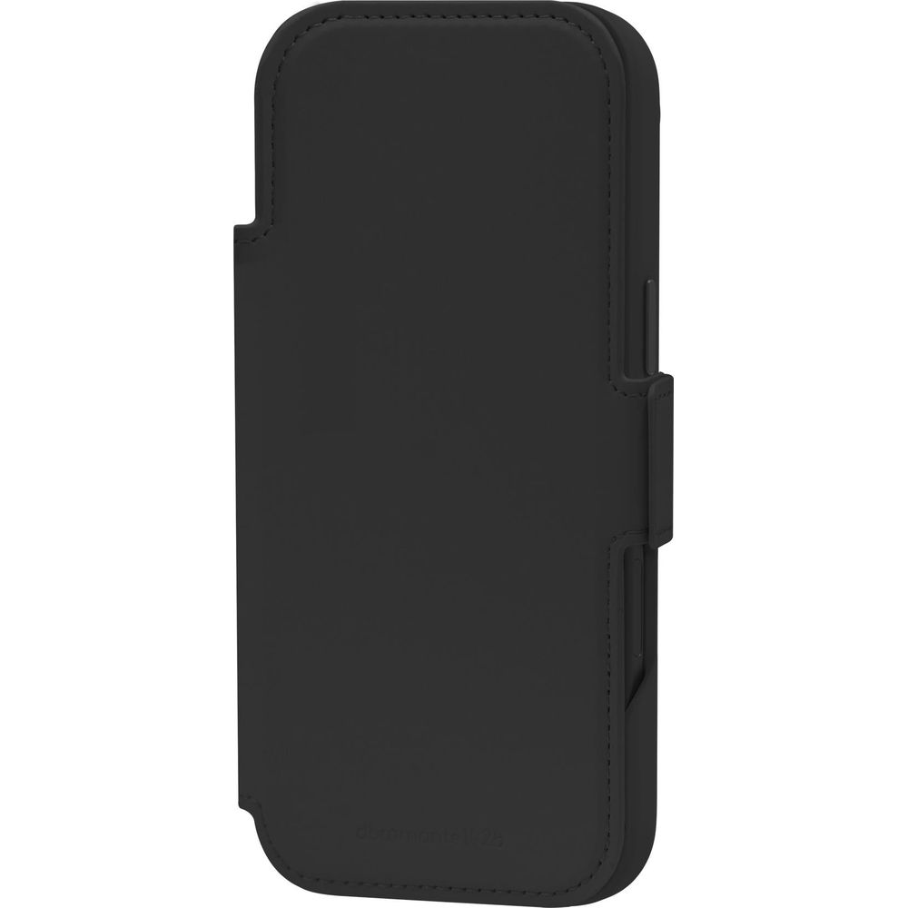 Custodia nera in pelle per smartphone, vista verticalmente.
