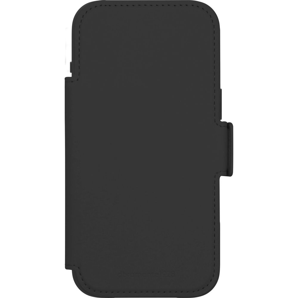 Custodia a libro nera per telefono con cuciture e linguetta.