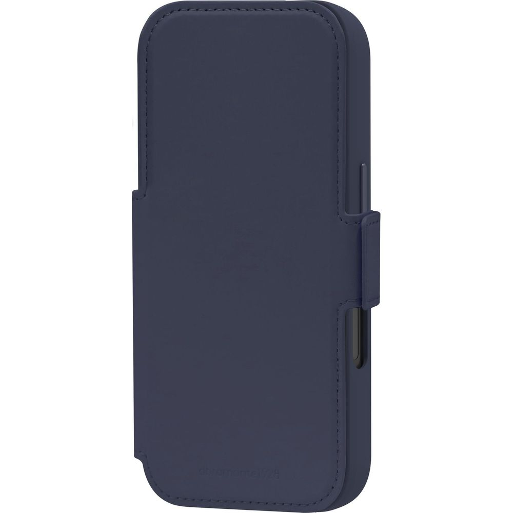 Custodia in pelle blu scuro per smartphone, orientata verticalmente.