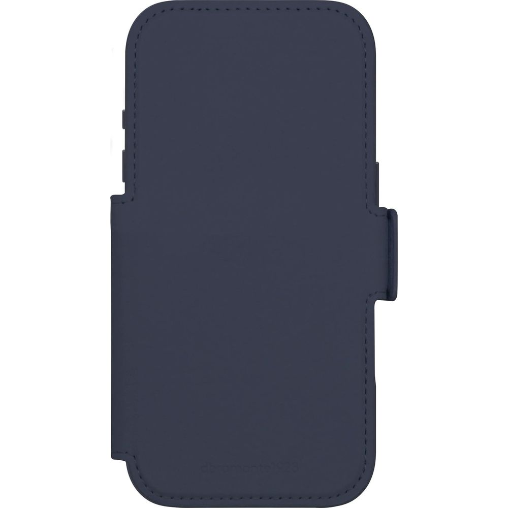 Custodia per telefono blu scuro con cuciture verticali e patta.