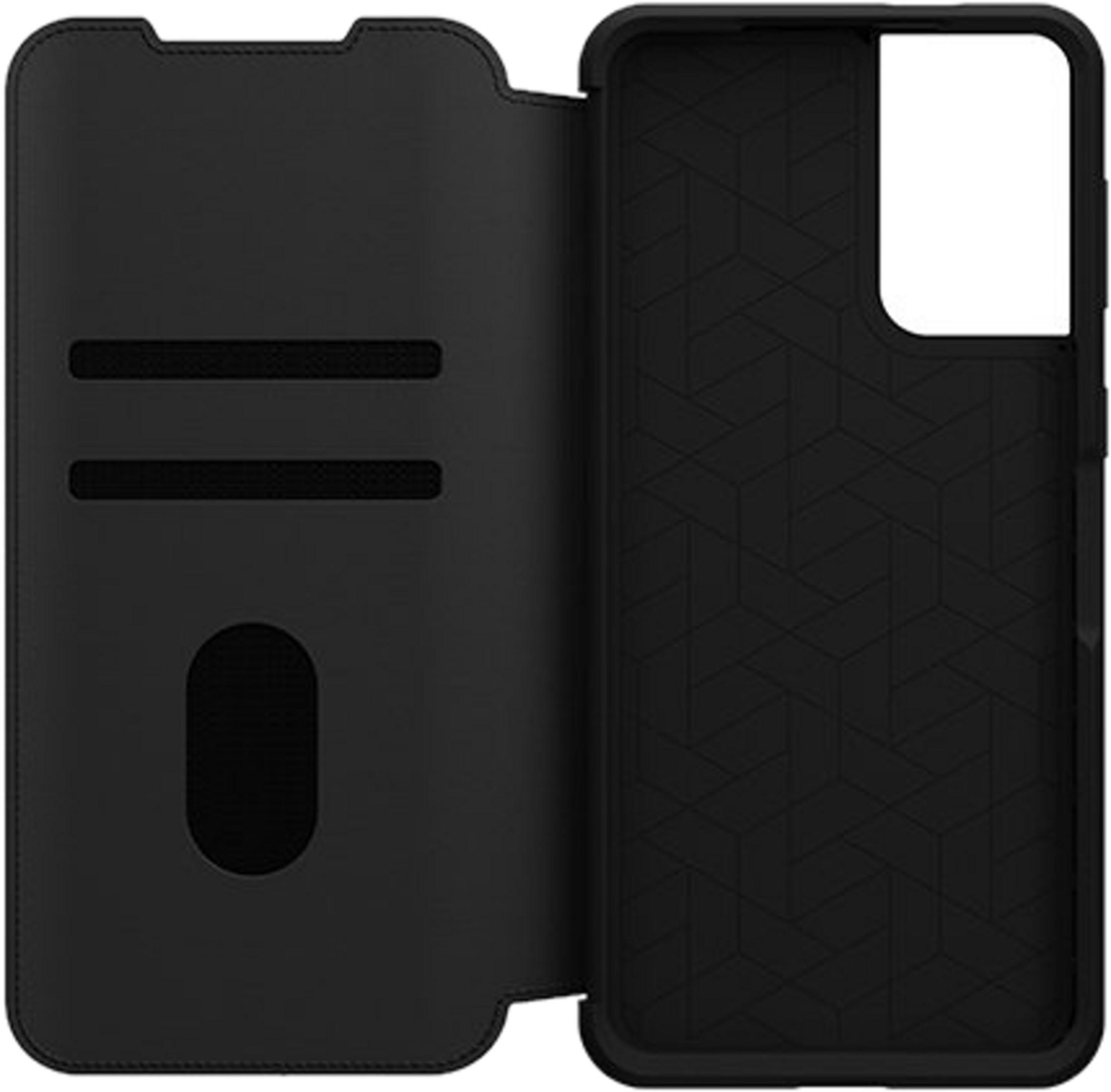 Custodia nera per telefono con slot per carte e motivo geometrico interno.
