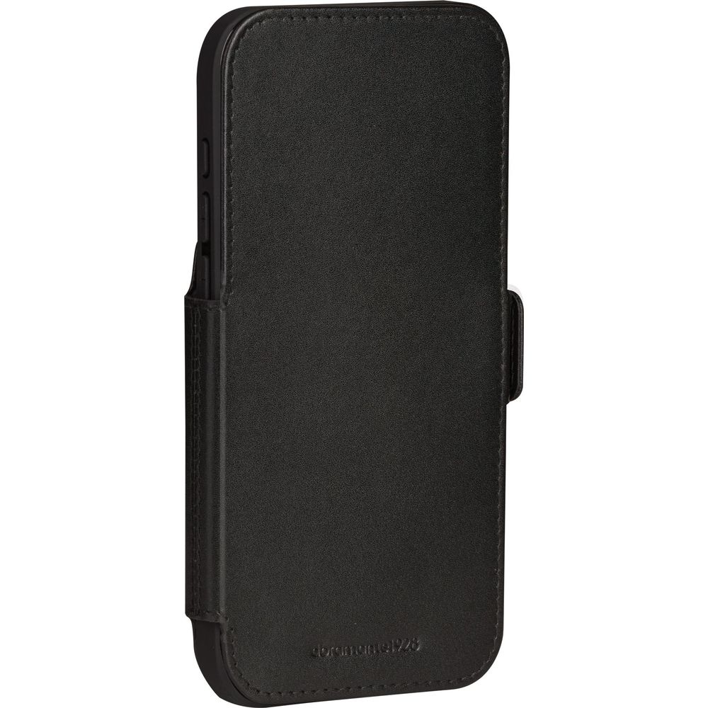 Custodia a libro in pelle nera per smartphone con sottile incisione.