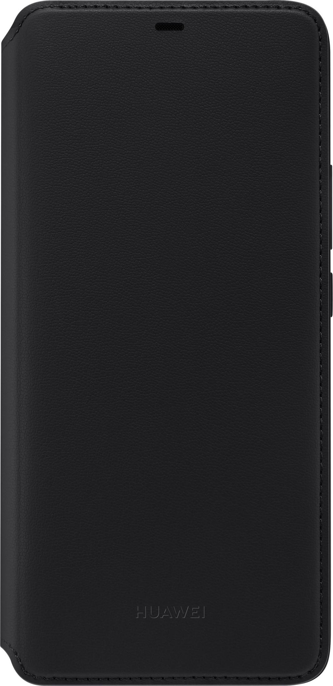 Custodia nera in pelle Huawei con cuciture e logo.