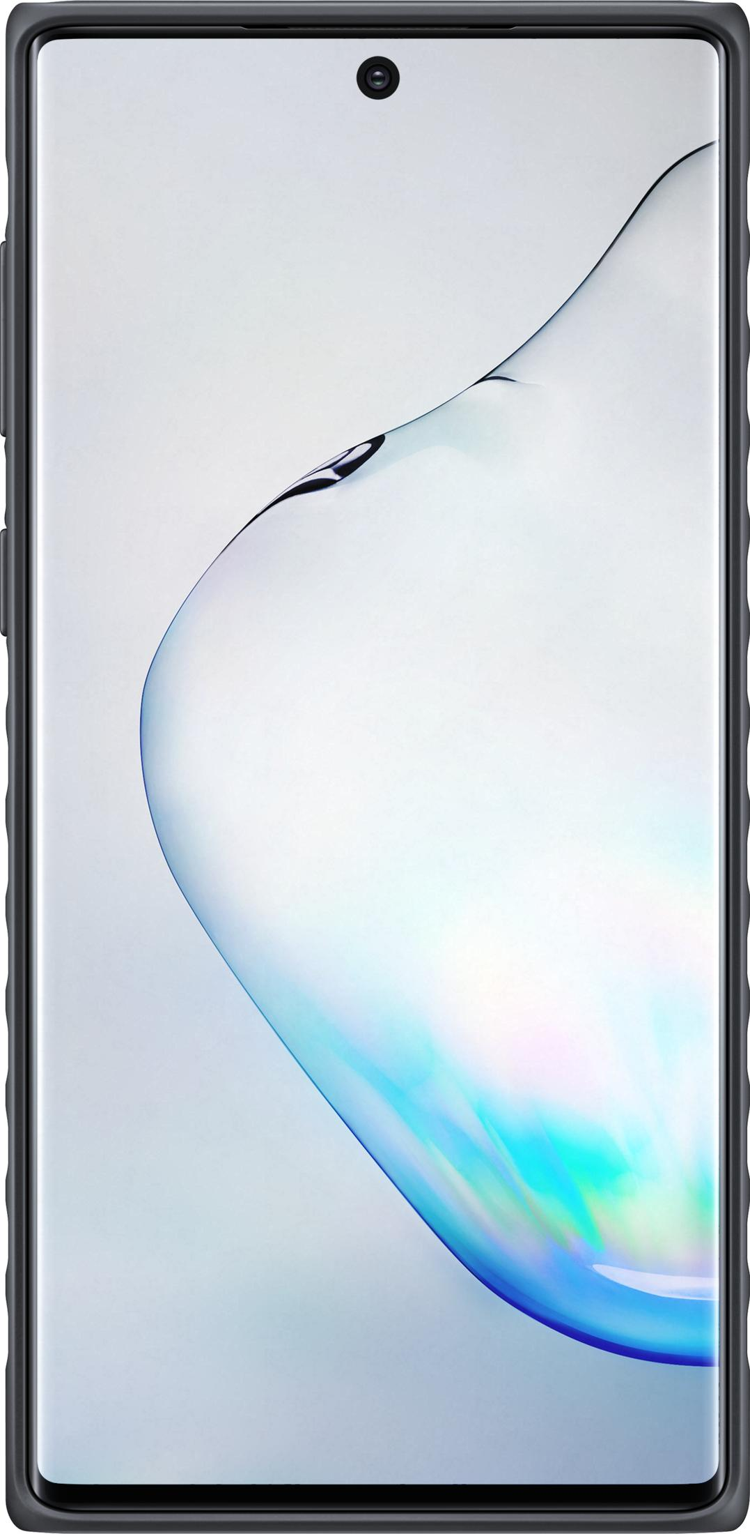 Ein Smartphone mit einem dunklen Rahmen und einem blauen und weißen Hintergrundmuster.