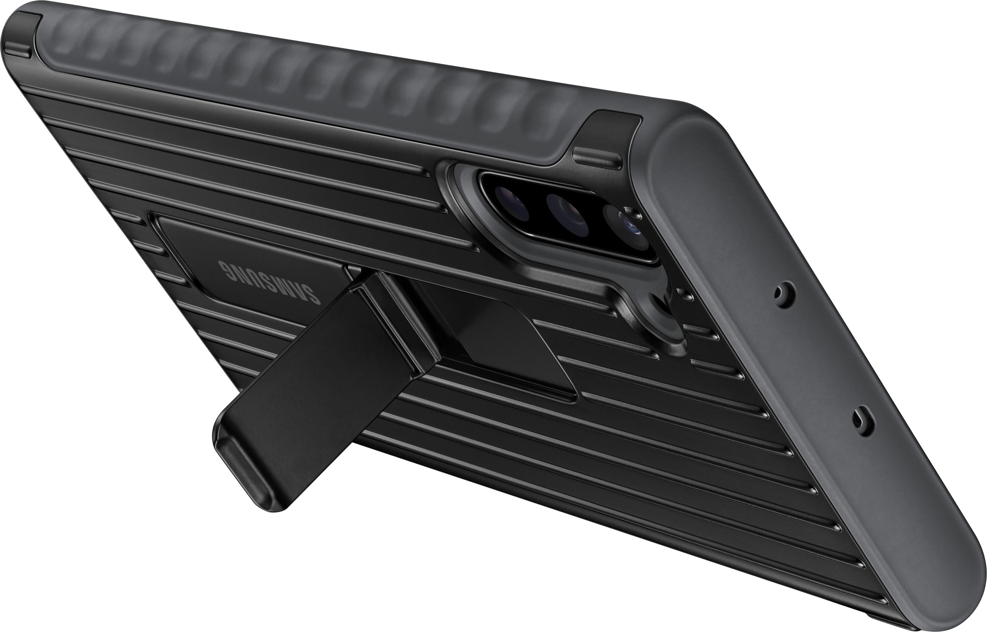Schwarzes Samsung Handycase mit Ständer und Rillenstruktur.
