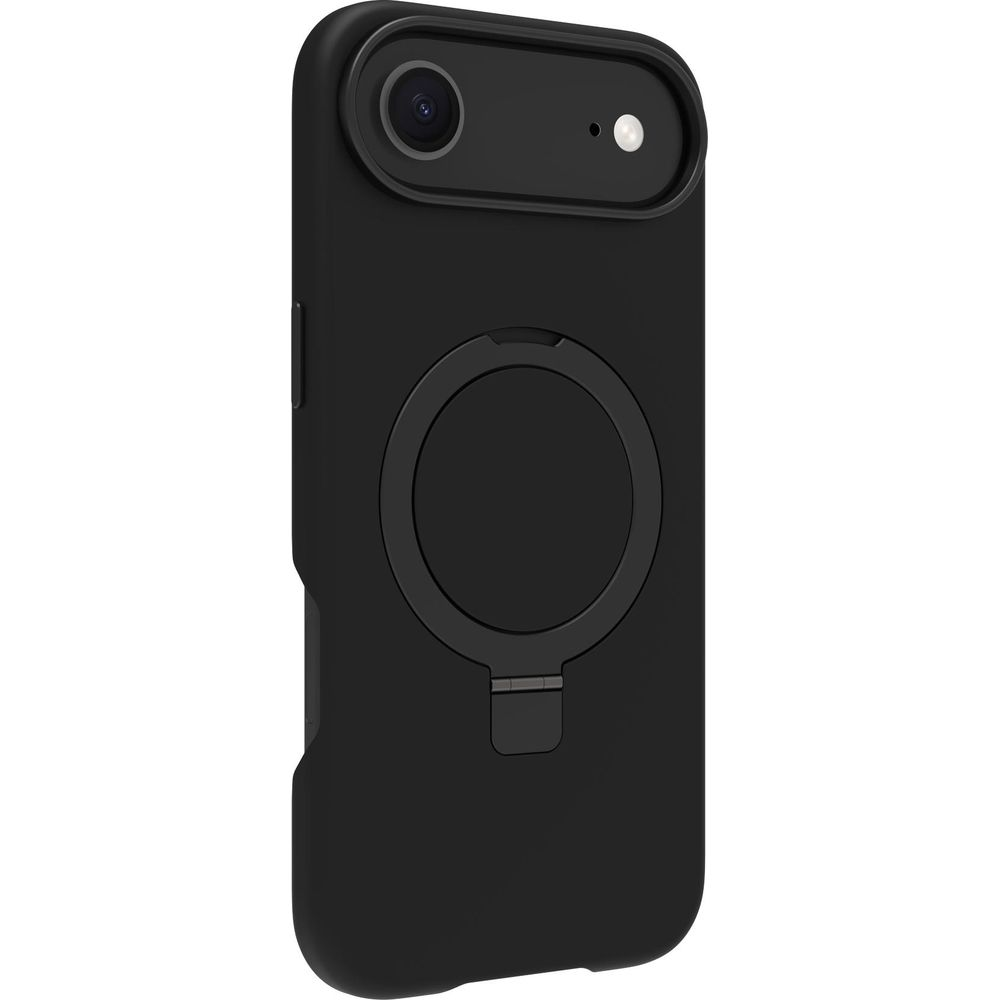Custodia nera per smartphone con anello rotondo e modulo fotocamera.