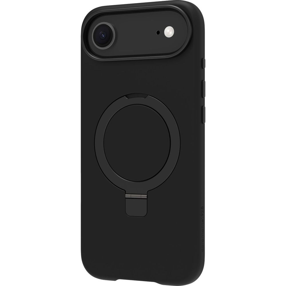 Custodia nera per telefono con anello porta e foro fotocamera.
