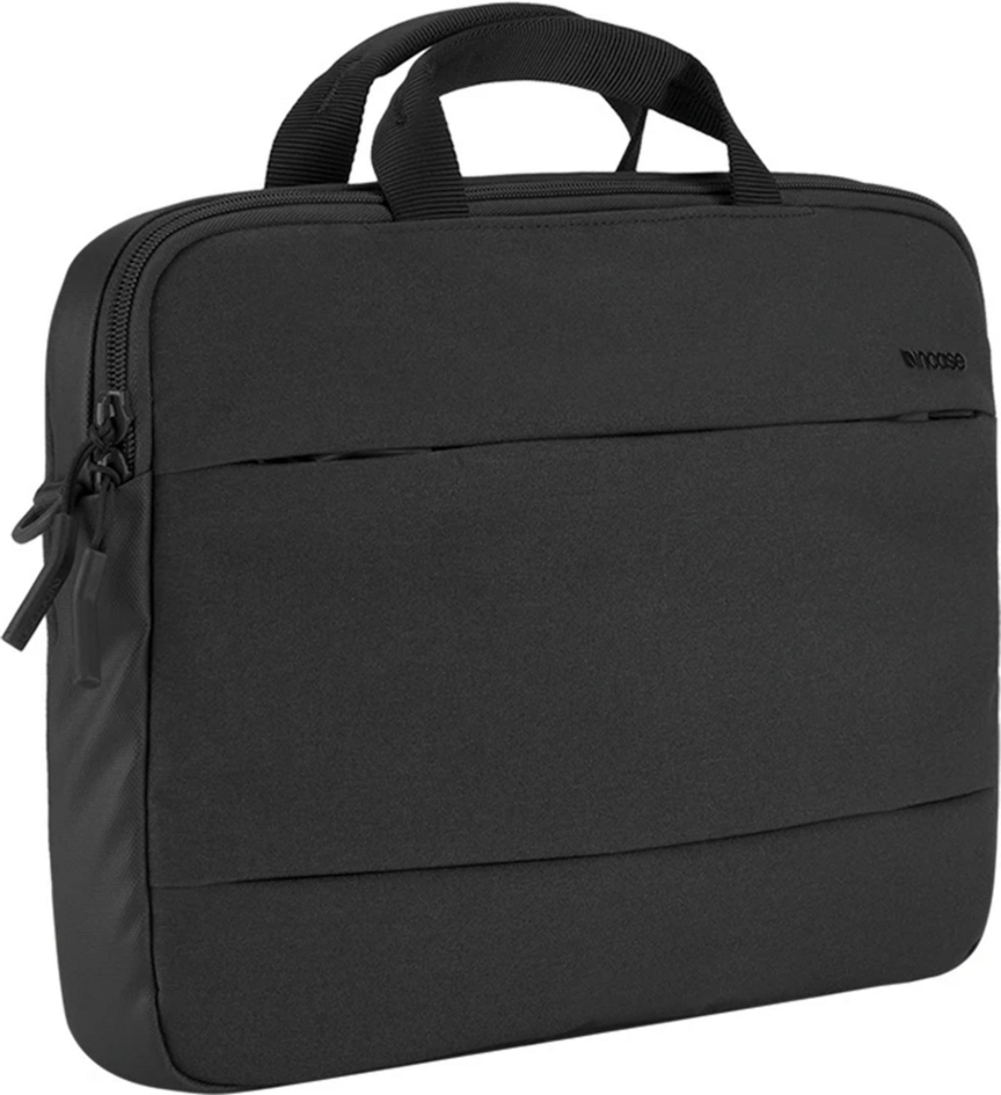 Borsa nera per laptop con due manici e chiusura a zip.