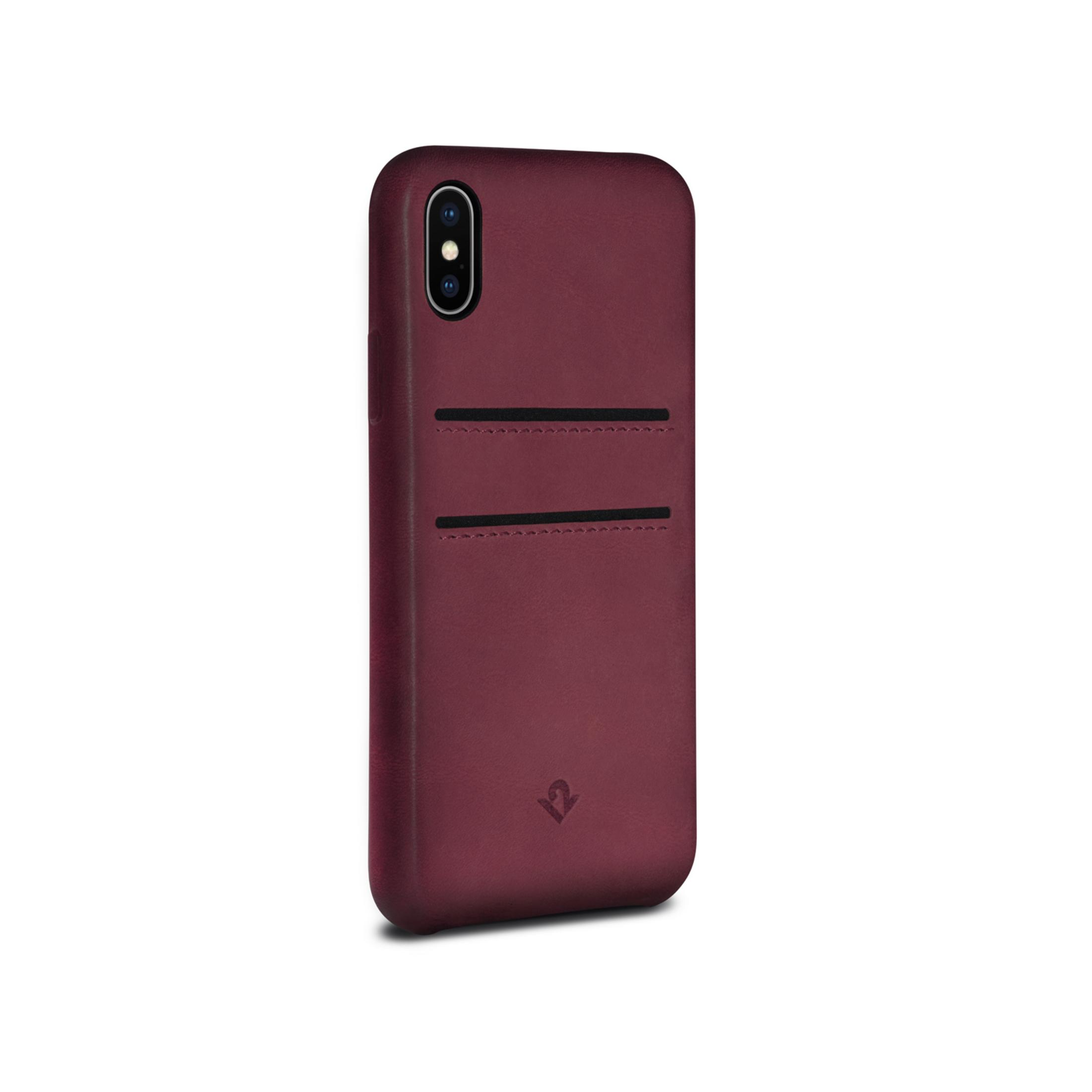 Custodia per telefono rosso scuro con due fessure e un logo.