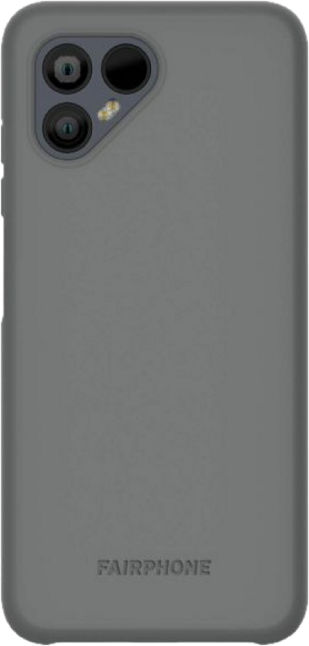 Custodia grigia per telefono con tre lenti e flash. Logo Fairphone in basso.