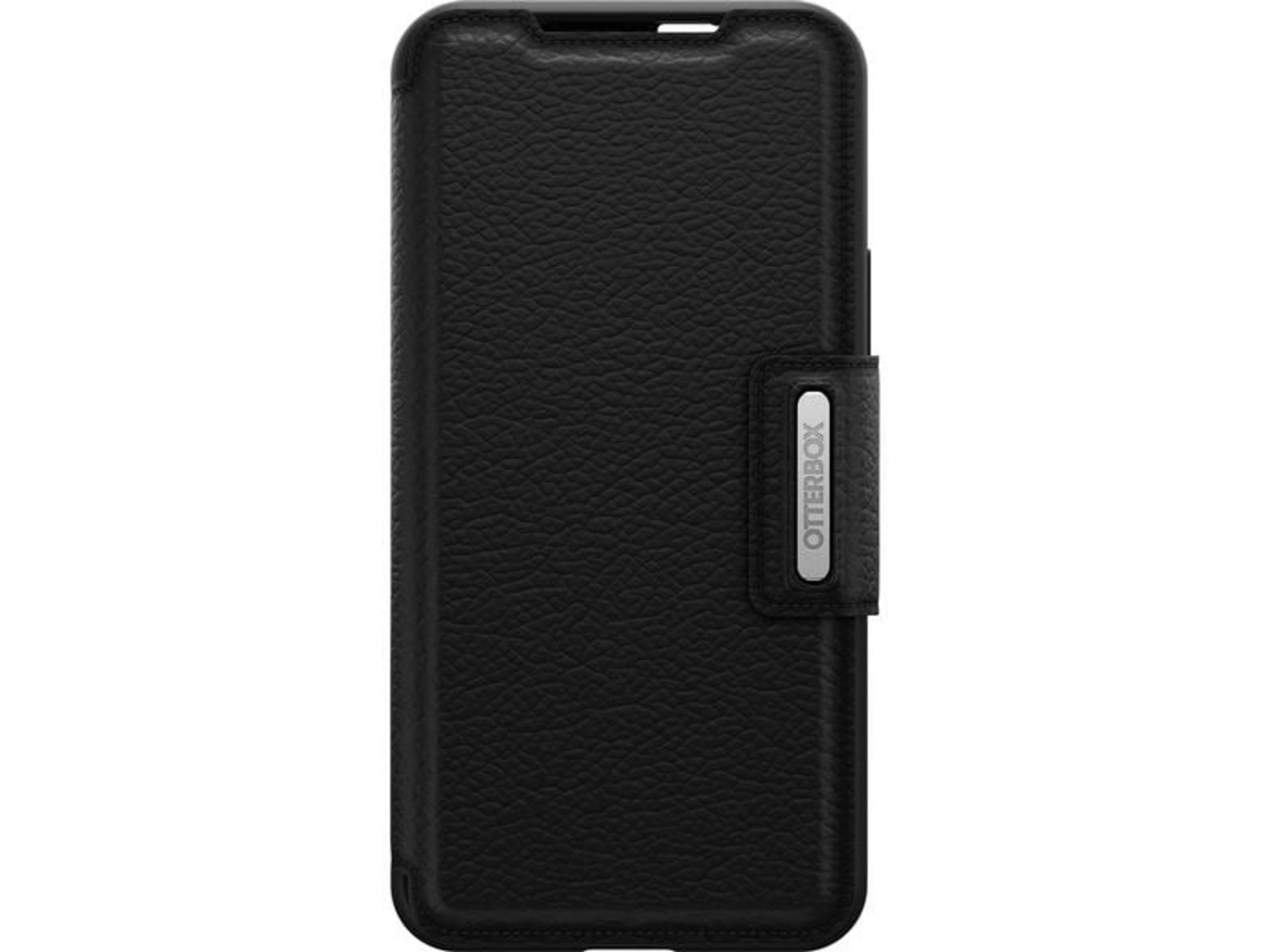 Custodia in pelle nera con logo Otterbox su sfondo bianco.