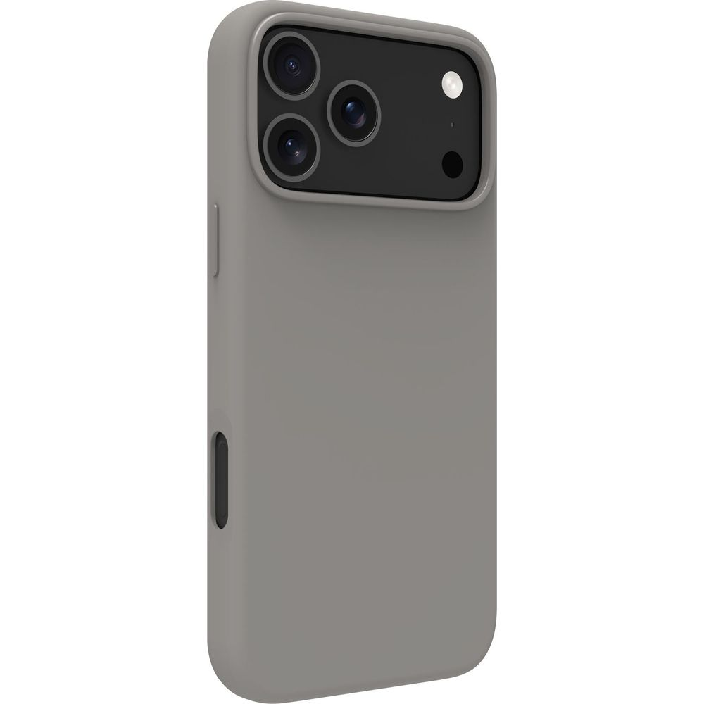 Custodia grigia per telefono con tre obiettivi della fotocamera e flash sul retro.