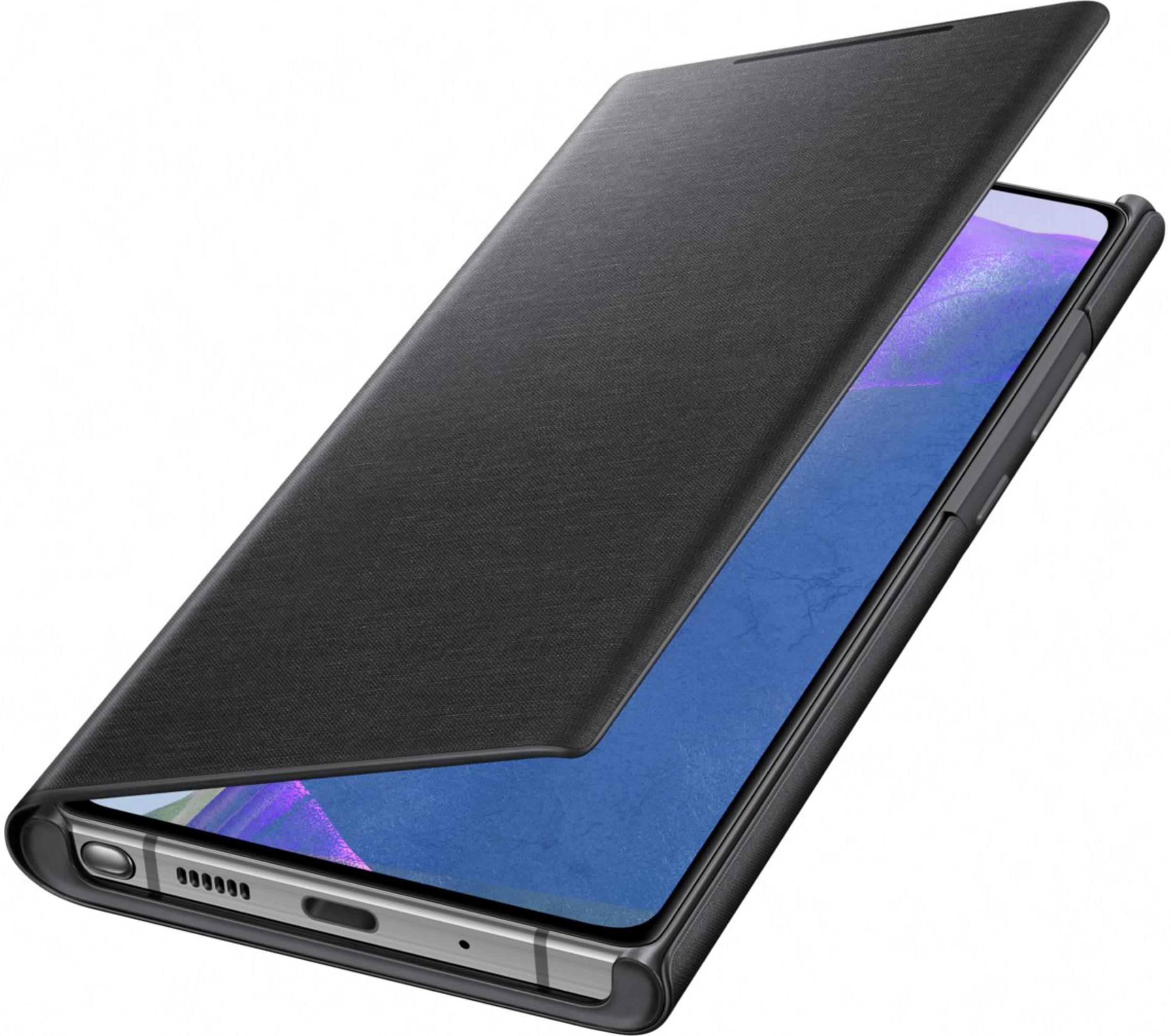 Czarny smartfon z otwartą klapką odsłaniającą niebieski ekran.