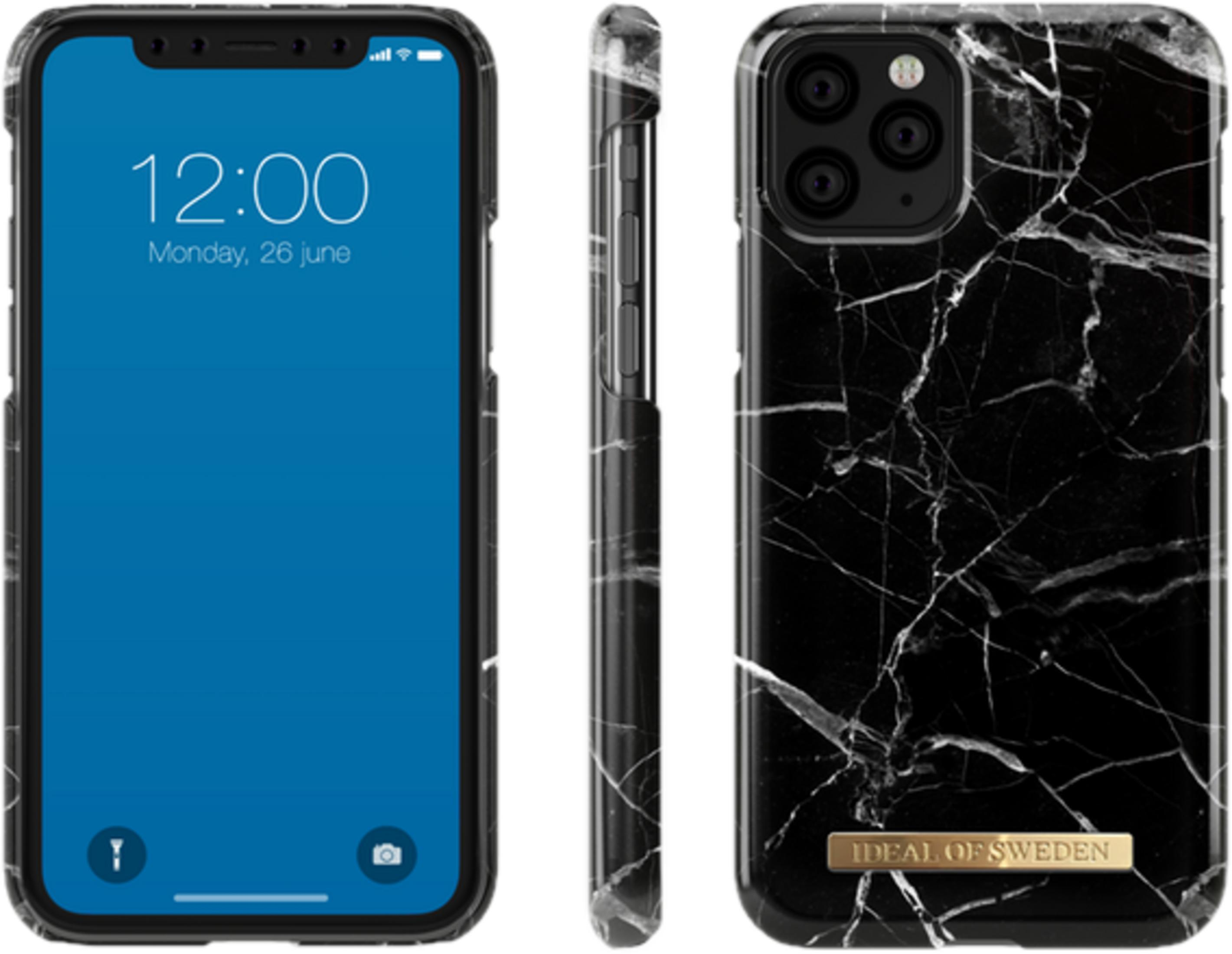 Custodia per iPhone con motivo marmorizzato e tre fotocamere.