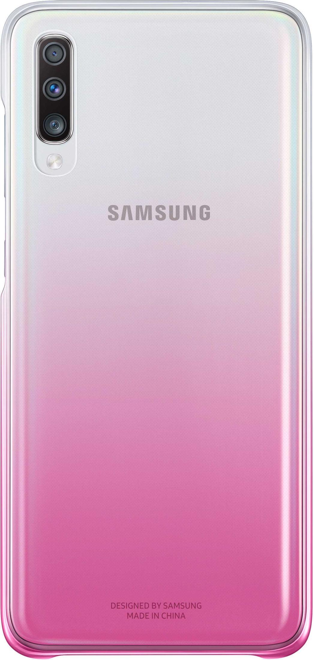 Parte trasera de un teléfono Samsung con degradado de blanco a rosa y lentes de cámara.