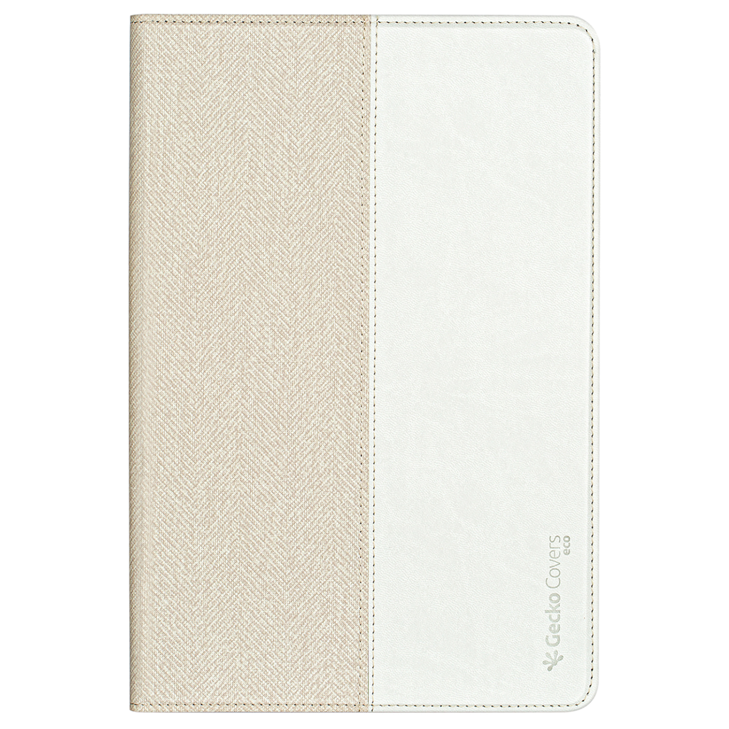Una custodia per tablet bicolore: tessuto beige a spina di pesce e similpelle bianca.
