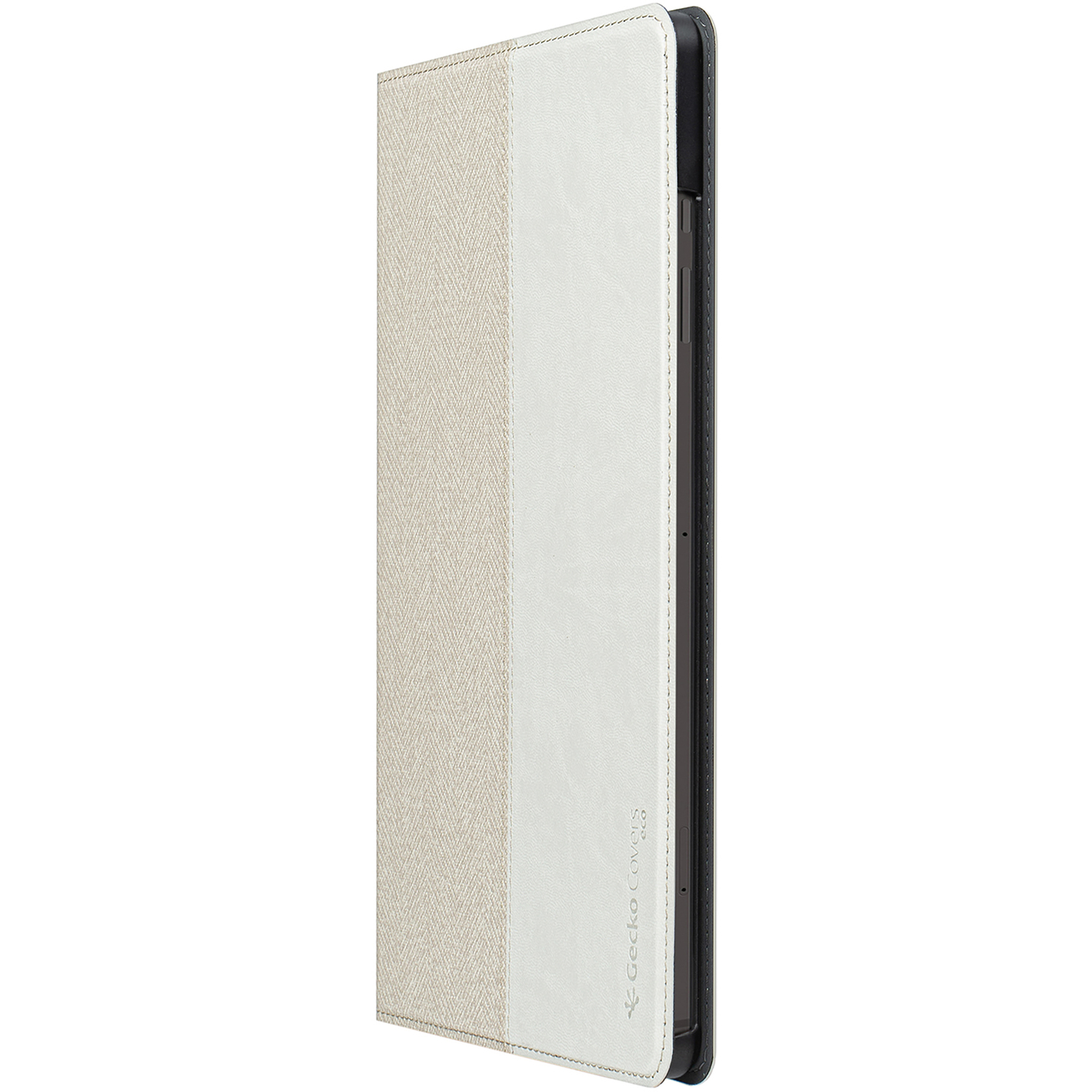 Una custodia per tablet chiusa con design bicolore beige e bianco.