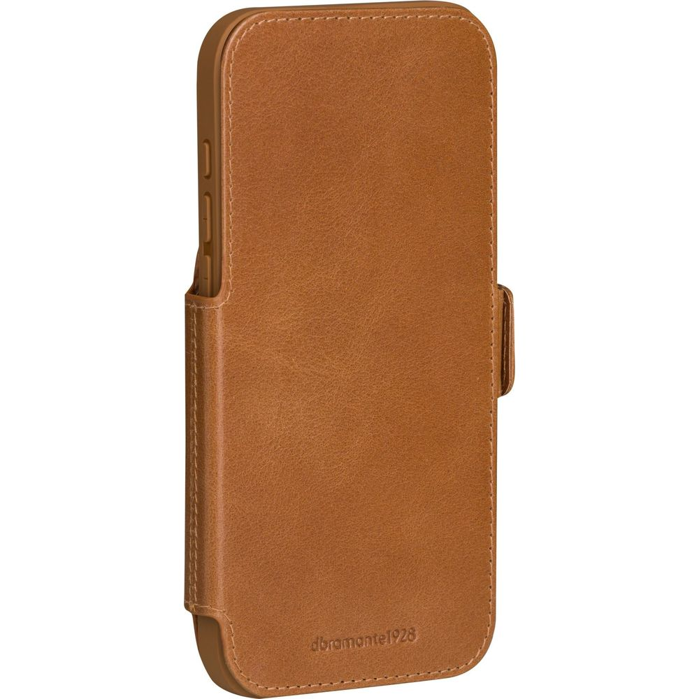 Custodia in pelle marrone per smartphone, in piedi.
