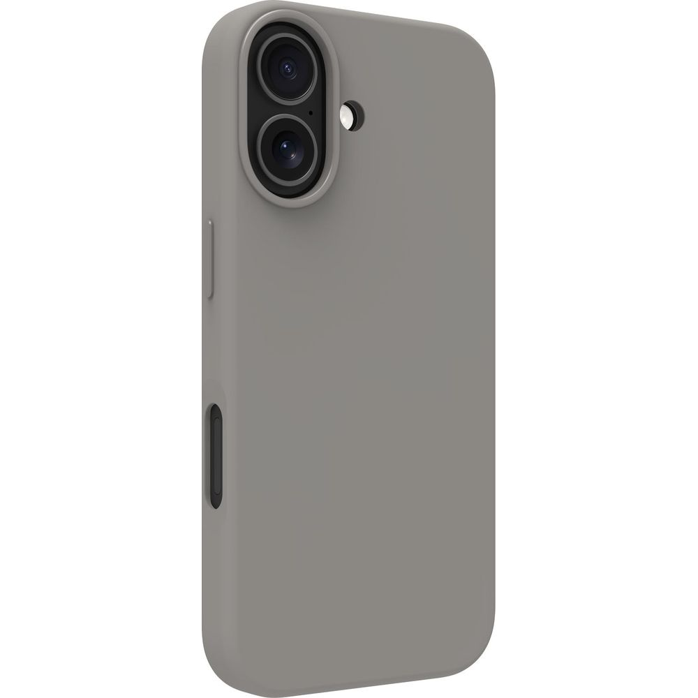 Una cover grigia per telefono con doppio ritaglio per fotocamera, su sfondo bianco.