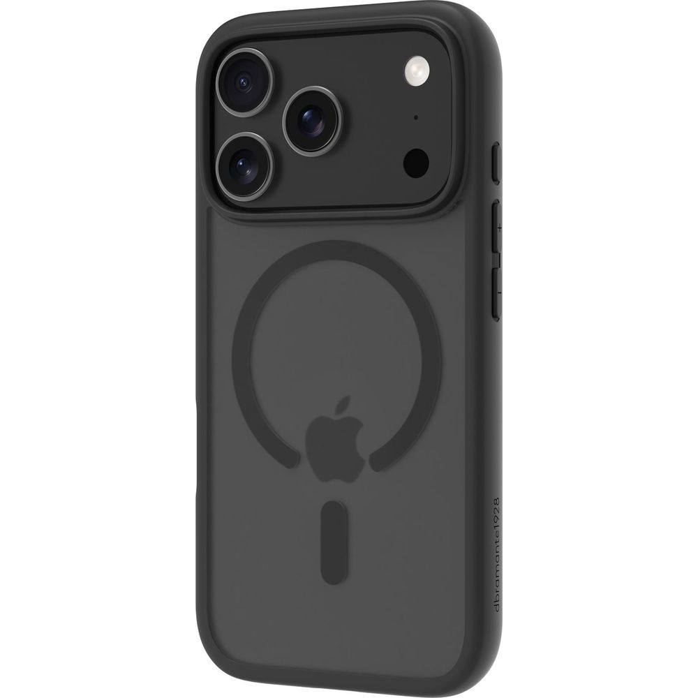 Custodia nera per iPhone con cerchio MagSafe e logo Apple.