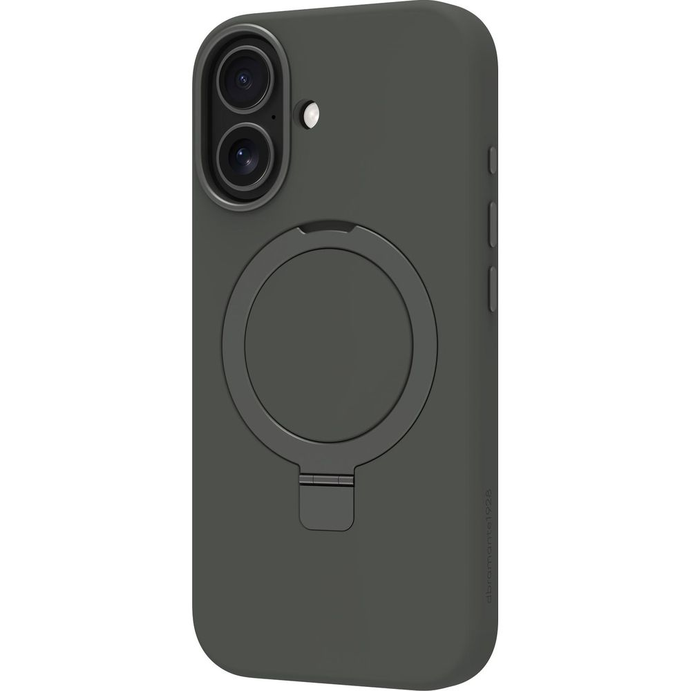 Custodia grigio scuro con anello porta telefono e ritaglio fotocamera.