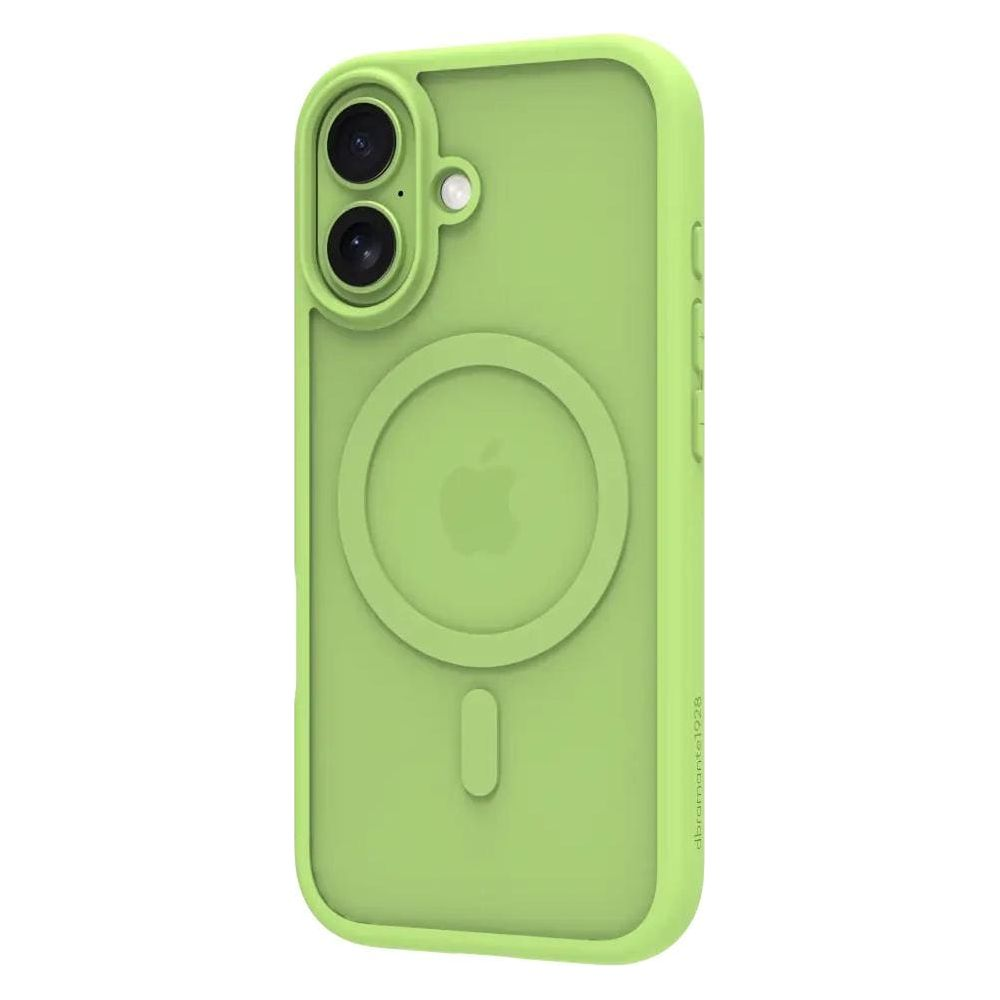 Custodia verde chiaro per telefono con logo Apple e due fotocamere.