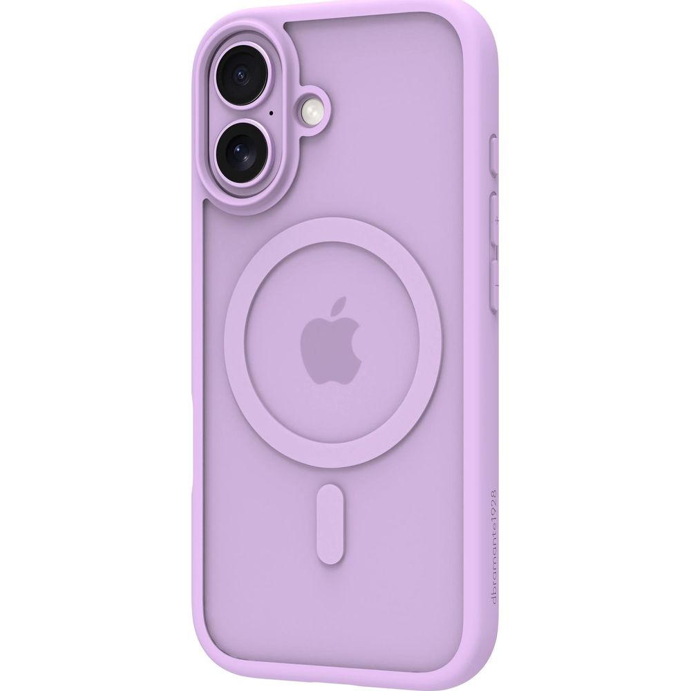 Custodia viola per iPhone con logo Apple e cerchio magnetico, su sfondo bianco.