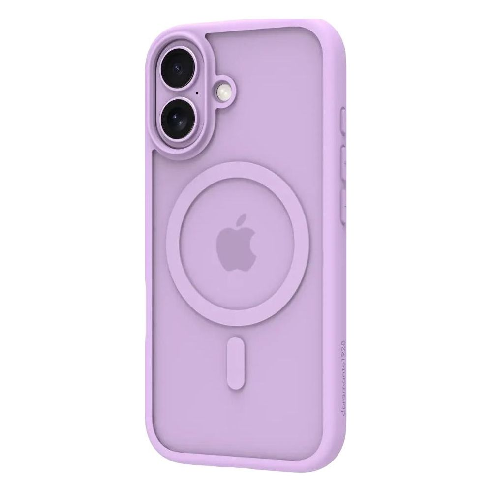 Custodia viola lavanda con cerchio MagSafe e logo Apple.